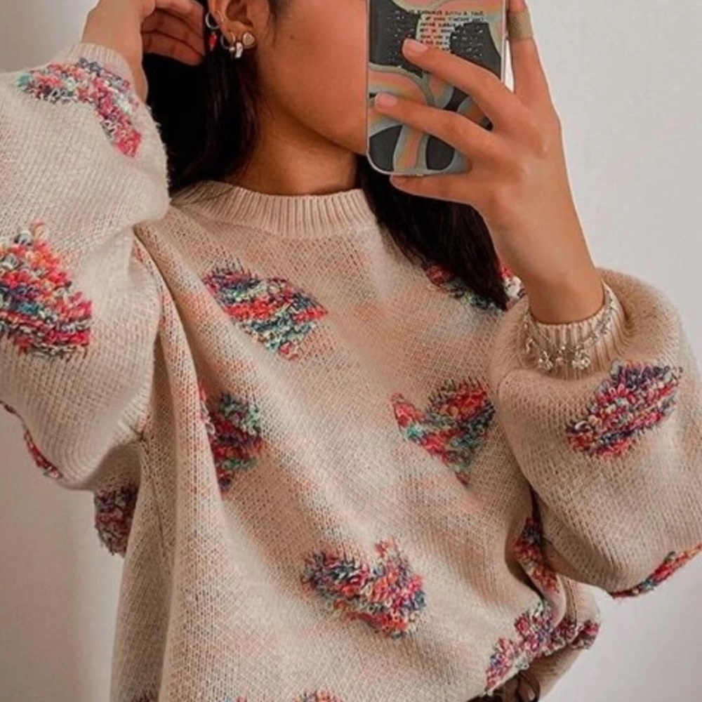 06 Cream Hearts Print Oversized Knit Sweater Top - Picture 4 of 7
